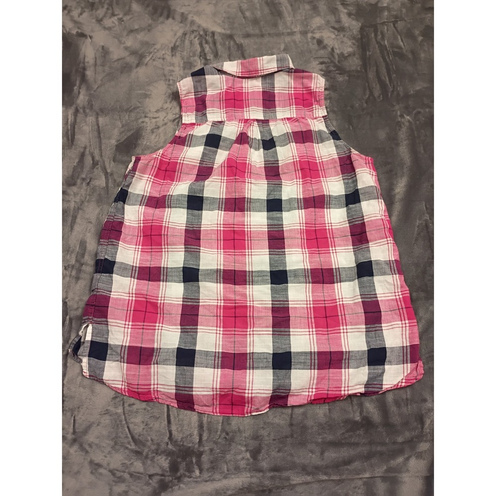 Great Northwest Indigo Sleeveless Plaid Shirt Womens Large Pink Navy Button Down - Picture 7 of 8